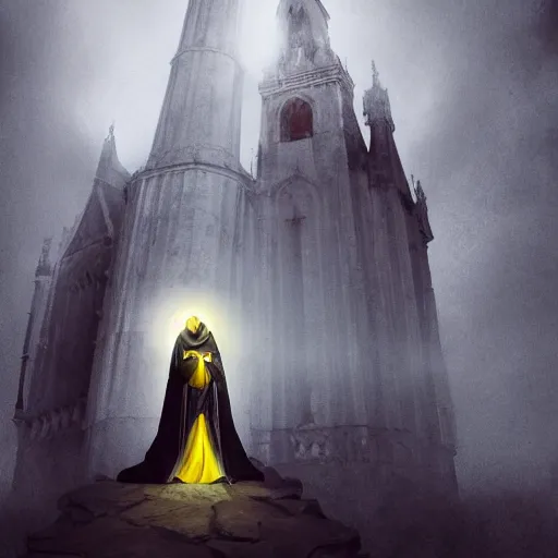 Image similar to A terrified catholic priest in his thirties kneeled in fervent prayer at the summit of a tall medieval tower. Eyes are wide open with fear looking straight at the viewer. Dressed in white. An ominous yellow shadow is descending upon him from the night sky. Award-winning digital art, trending on ArtStation