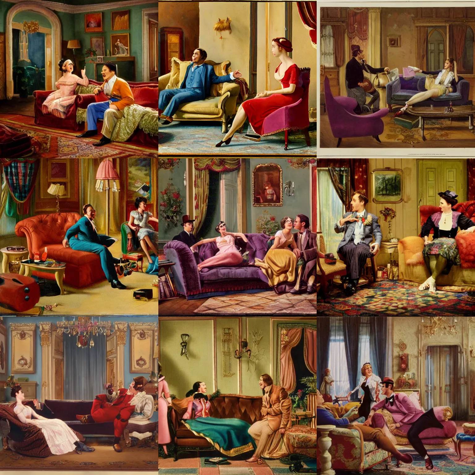 Prompt: scene of a musical comedy in technicolor with a man and a woman talking in a heavily decorated living room. the man sit on a sofa and the woman on a small chair. in the style of neorealism