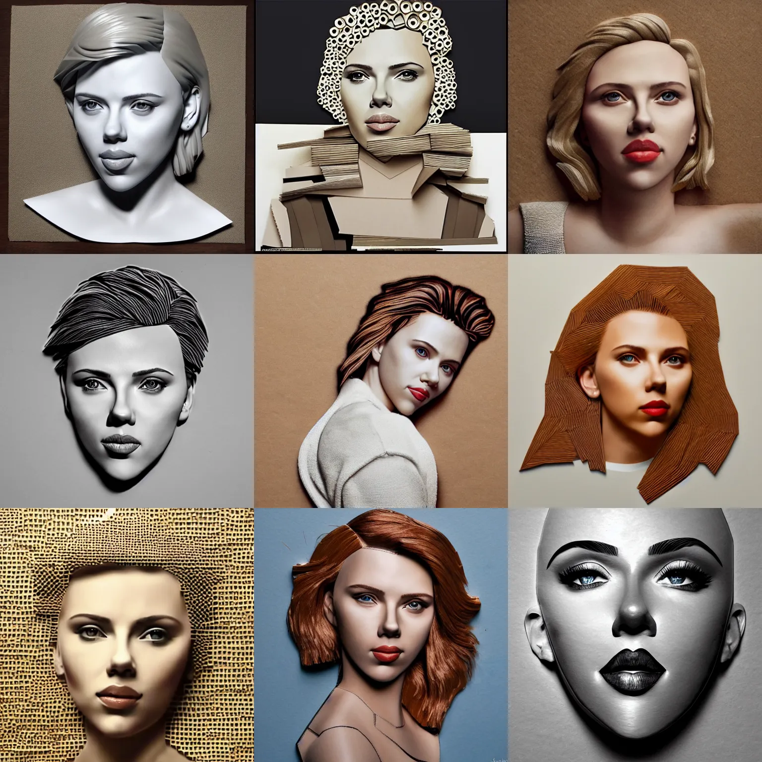 Prompt: scarlett johansson made out of cardboards, photorealistic, photo, product, 4 k, gallery