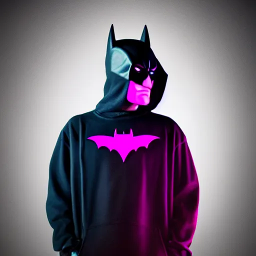 Image similar to batman in hoodie, portrait, vaporwave, synthwave, neon, vector graphics, cinematic, volumetric lighting, f 8 aperture, cinematic eastman 5 3 8 4 film