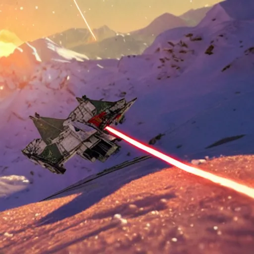 Image similar to star wars xwing pilot skiing down a mountain