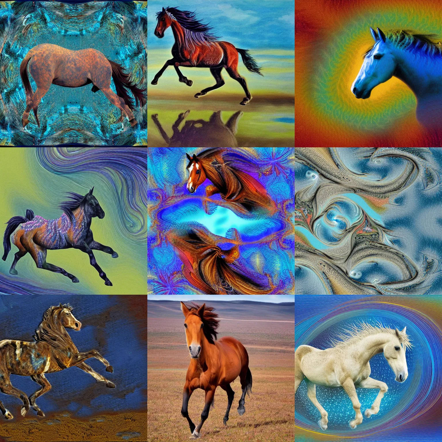 Prompt: a wild horse, running in the see horse valley, a fractal world