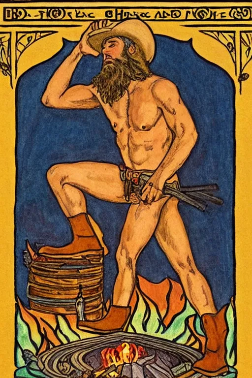 Prompt: a beautiful tarot! card of a handsome hairy shirtless cowboy wearing cowboy hat and boots with a chunky build and belly next to a campfire | golden hour, dark background | homoerotic | art deco, art nouveau | by Walter Crane, by Mark Maggiori | trending on artstation