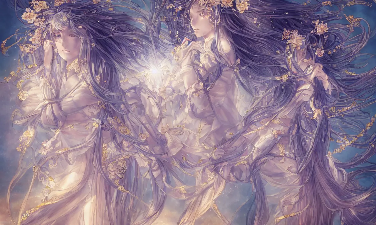 Image similar to breathtaking detailed anime painting of a knight queen with long flowing blue hair, pastel flowers petals and golden ribbons flying, art by pilyeon and yuumei art, symmetrical facial features, at dawn in front of a pristine golden art nouveau cathedral, elegant, volumetric lighting, highly detailed, artstation, concept art, matte, sharp focus,