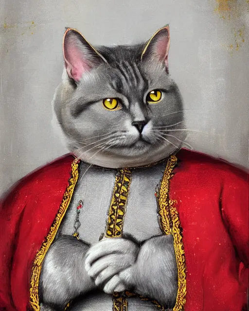 Image similar to fat gray cat with yellow eyes dressed like henry viii, tudor period clothing in red gold and black, greg rutkowski, royal portrait, painting