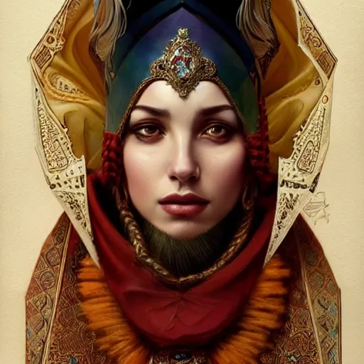 Image similar to ceren sungur portrait of ottoman sultan gog, female, clear face, symetrical, masculine, full body, 4 k, fantasy, intricate, elegant, highly detailed, digital painting, artstation, concept art, matte, sharp focus, illustration, art by artgerm and greg rutkowski and alphonse mucha