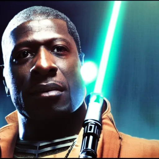 Image similar to gucci mane holding a lightsaber as mace windu in star wars episode 3, 8k resolution, full HD, cinematic lighting, award winning, anatomically correct