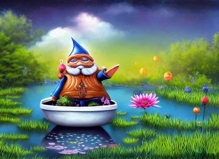 Prompt: a garden gnome sailing in a small bucket, whimsical background of a pond on a sunny day with dramatic clouds, an ultrafine detailed painting by mark ryden, trending on deviantart, pop surrealism, whimsical, lowbrow, grotesque