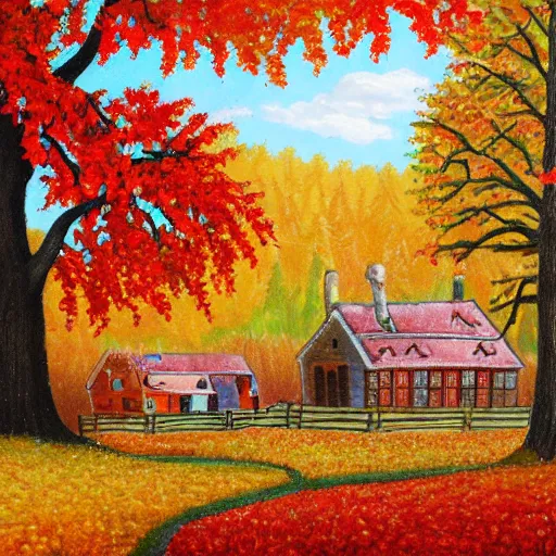 Prompt: naive art autumn villlage