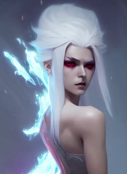 Prompt: a beautiful white haired pyromancer princess, league of legends arcane, intricate, elegant, highly detailed, digital painting, artstation, concept art, smooth, sharp focus, cyberpunk darksynth, 8 k, by ruan jia and ilya kuvshinov and krenz cushart