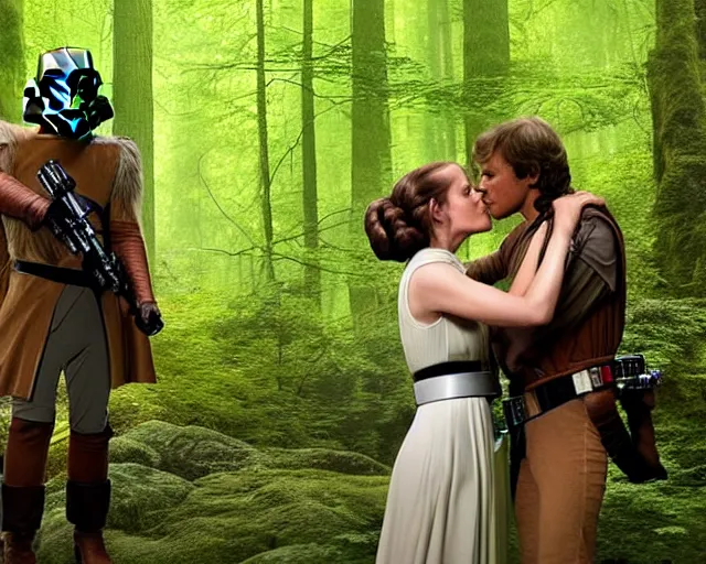 Image similar to luke skywalker, princess leia and han solo hugging and kissing in the forest of endor in a modern remake of return of the jedi