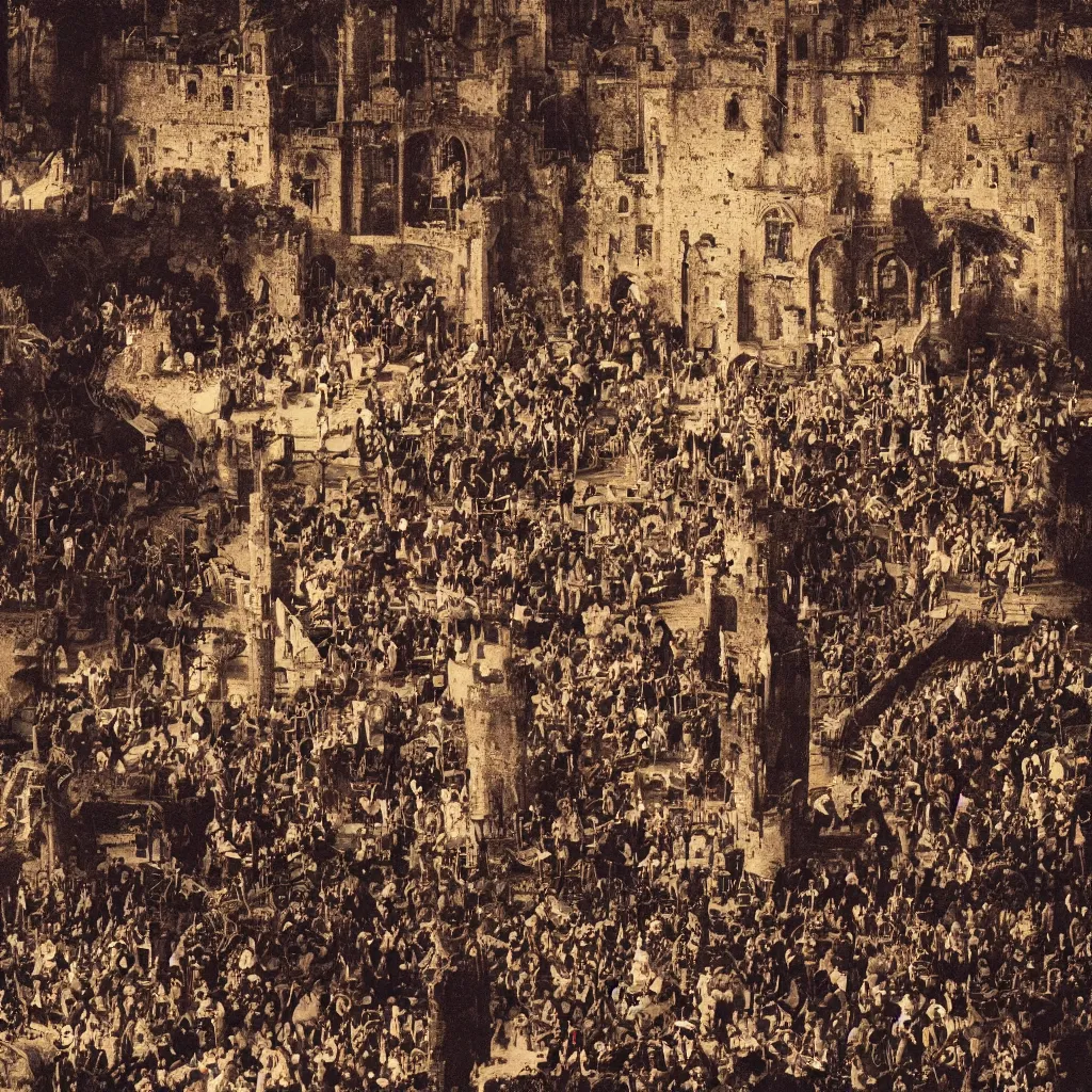 Image similar to an electronic music concert being held inside a medieval castle, album back cover, high detail texture