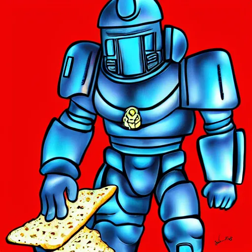Prompt: digital artwork, cell shading, futuristic space marine in heavy blue armor trying unsuccessfully to eat a large sub sandwich full of meat, cheese, and lettuce