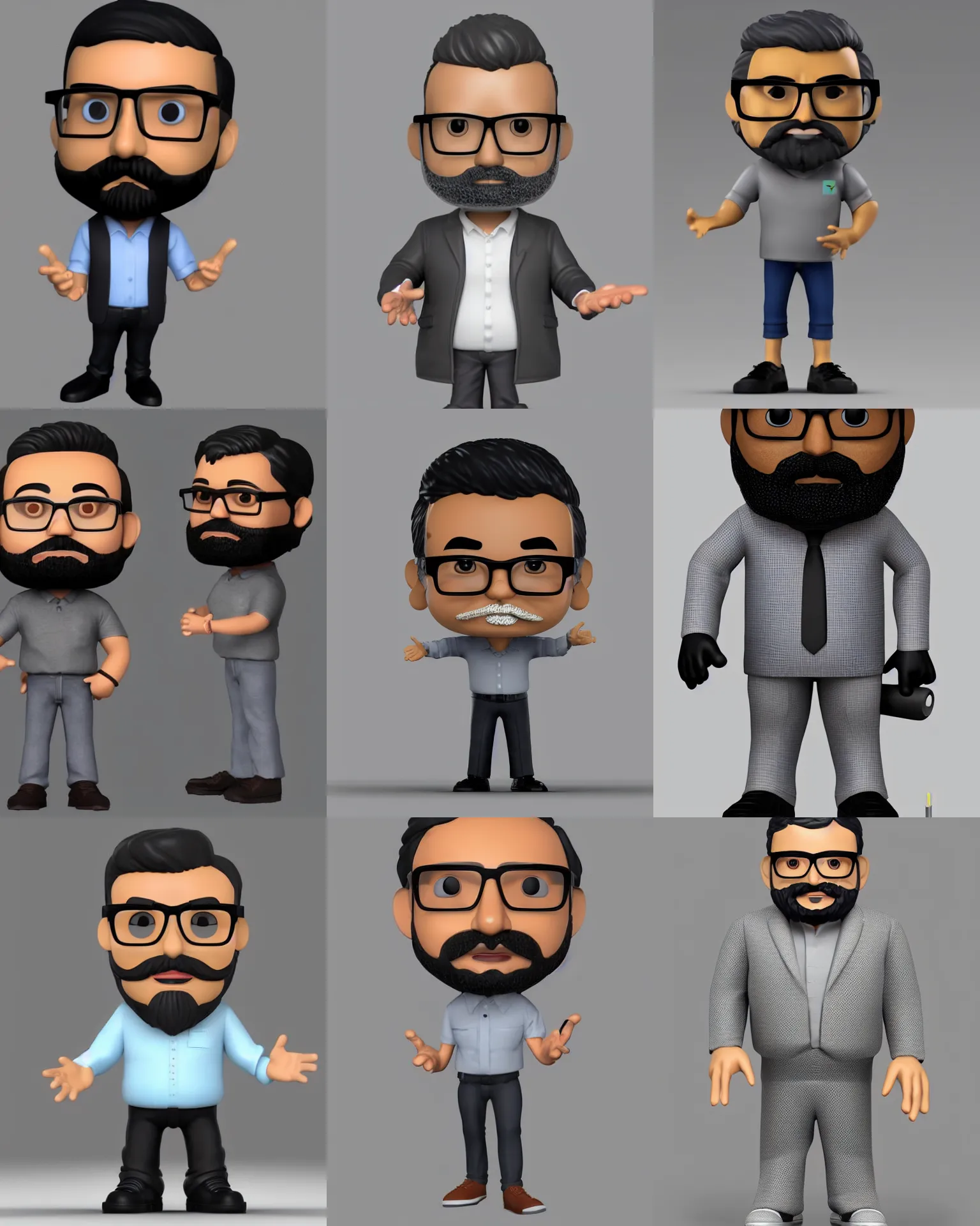 Prompt: full body 3 d render of middle aged indian it specialist, dark grey! thin beard, small glasses, dark hair, as a full body funko pop!, studio lighting, grey background, single body, no shadow, blender, trending on artstation, 8 k, highly detailed