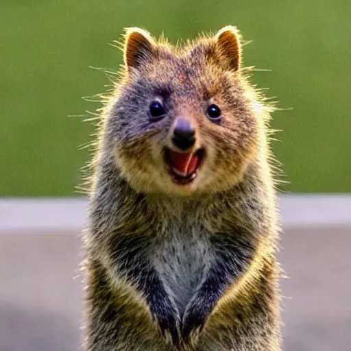 Image similar to a quokka laughing while a house is on fire in the background