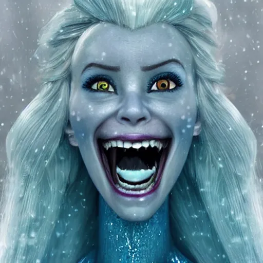 Prompt: A horror rendition of Elsa from Frozen, razor sharp teeth