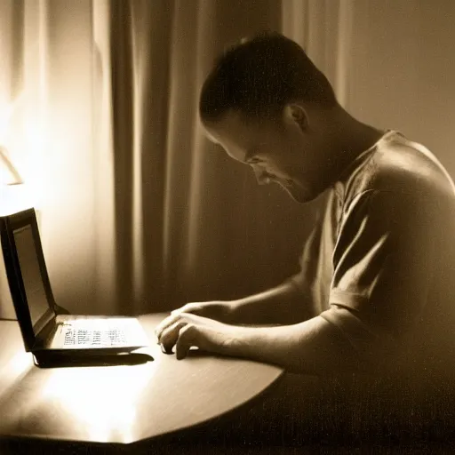Prompt: Mysterious photo of a man alone in the dark on his computer in his hotel room, dark