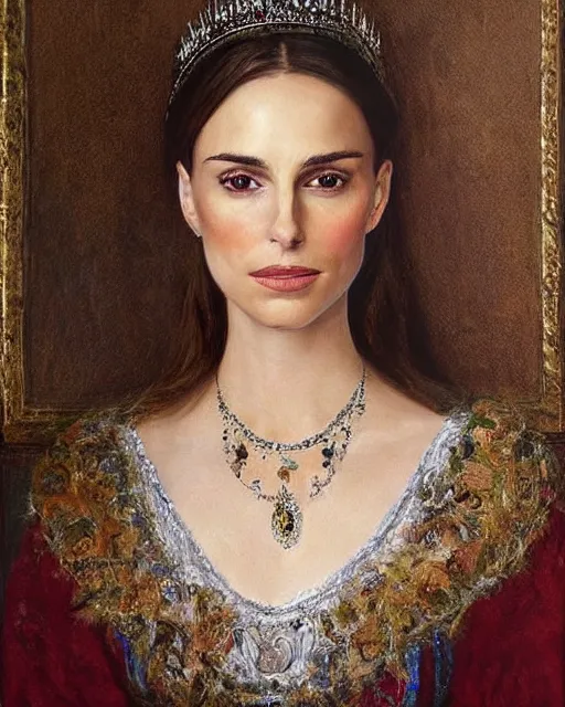 Prompt: a portrait of nathalie portman, playing the queen of england, beautiful painting by le nain