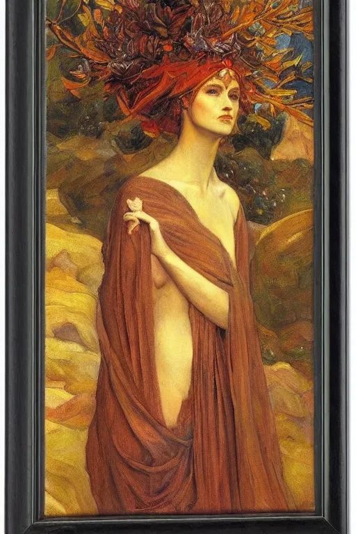 Image similar to queen of autumn by Annie Swynnerton and Nicholas Roerich, strong dramatic cinematic lighting , ornate headdress , flowing robes, lost civilizations, smooth, sharp focus, extremely detailed