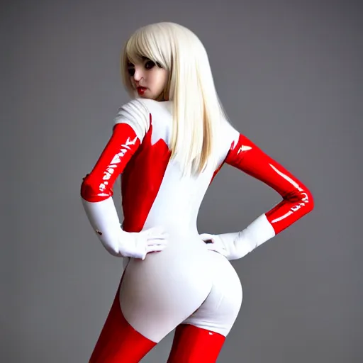 Image similar to very detailed full-length back photo of European anime cosplayer girl wearing white and red latex costume, studio photo, anatomically correct, pretty face, fine-face, smooth, sharp focus, UHD, 8k