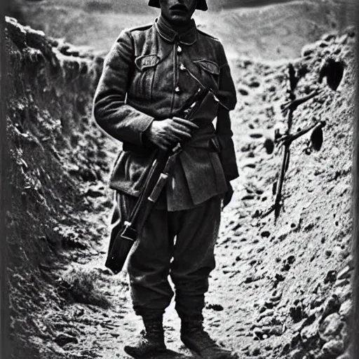 Image similar to Kurdish soldier, ww1 trench, war photo, film grain, award winning photo