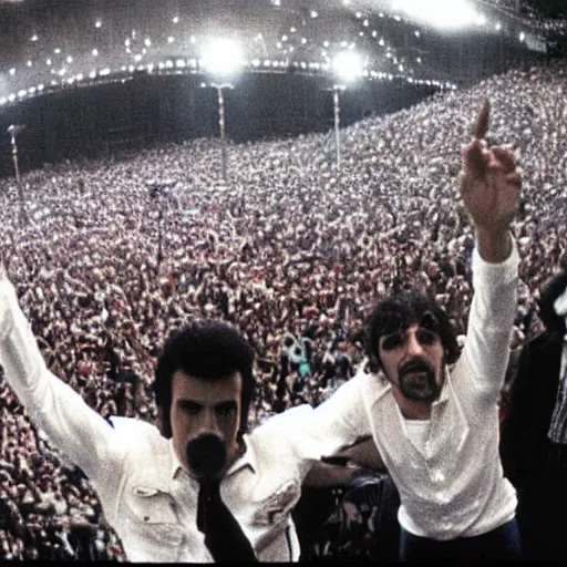 Image similar to a still photo taken from backstage of Live Aid in 1985. Queen the band is on the stage. Freddy Mercury can be seen from behind