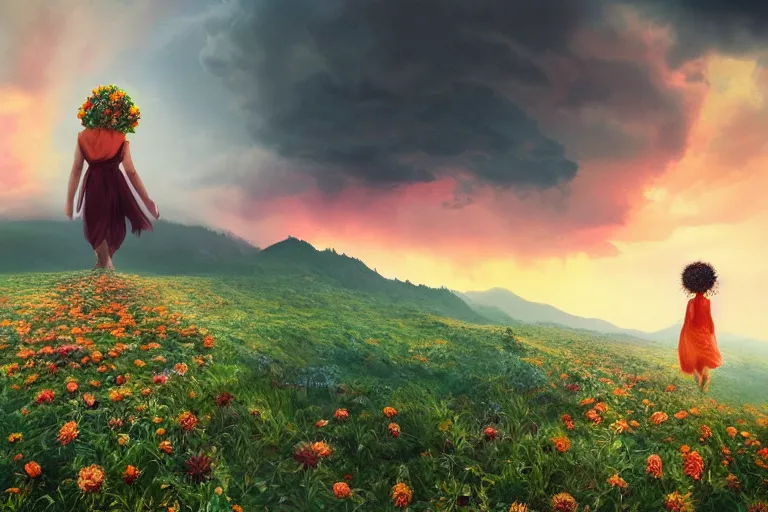 Prompt: giant dahlia flower crown under head, girl walking on mountain, surreal photography, colorful storm clouds, dramatic sunset, impressionist painting, digital painting, artstation, simon stalenhag