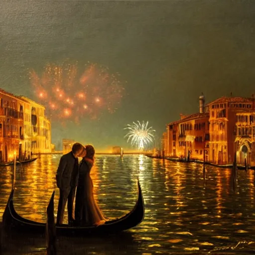 Image similar to an oil painting of couple kissing, in a background fireworks in venice