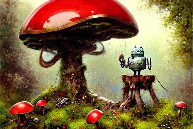 Image similar to adventurer ( ( ( ( ( 1 9 5 0 s retro future robot android mouse tractor in forrest of giant mushrooms, moss and flowers stone bridge waterfall. muted colors. ) ) ) ) ) by jean baptiste monge!!!!!!!!!!!!!!!!!!!!!!!!! chrome red