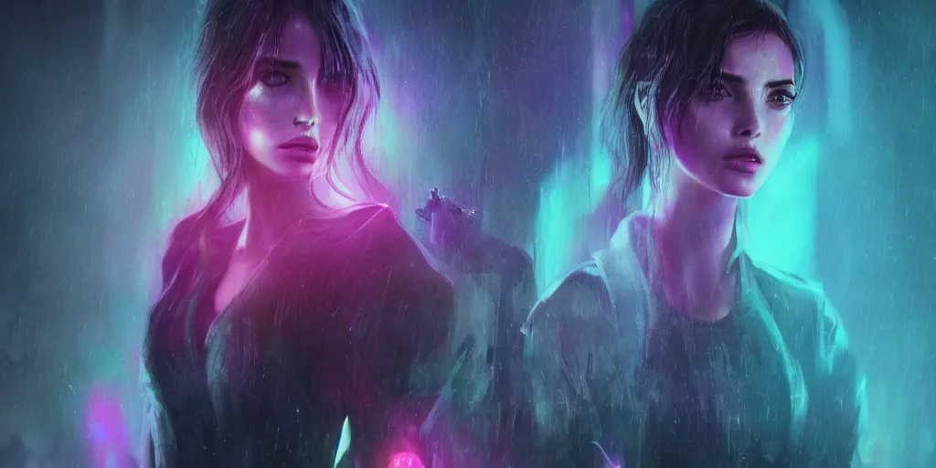 Image similar to beautiful Ana de Armas, blade runner 2049, long flowing hair, trending on artstation, unreal engine, purple neon, green rain, matte painting