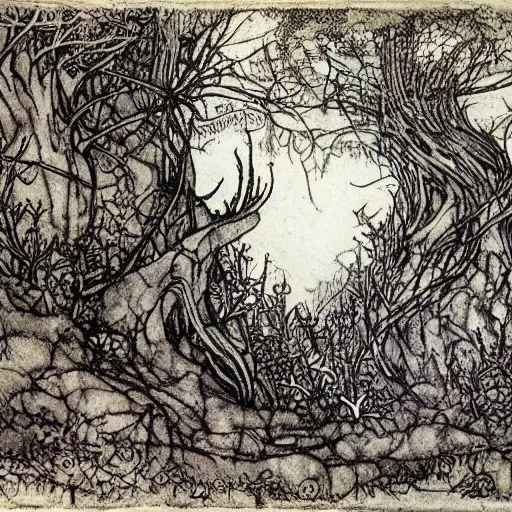 Image similar to fantastic underwater world, environment, building, faerie magic, cast iron fence, thorns, briarwood, overgrown, by Arthur Rackham, extremely detailed