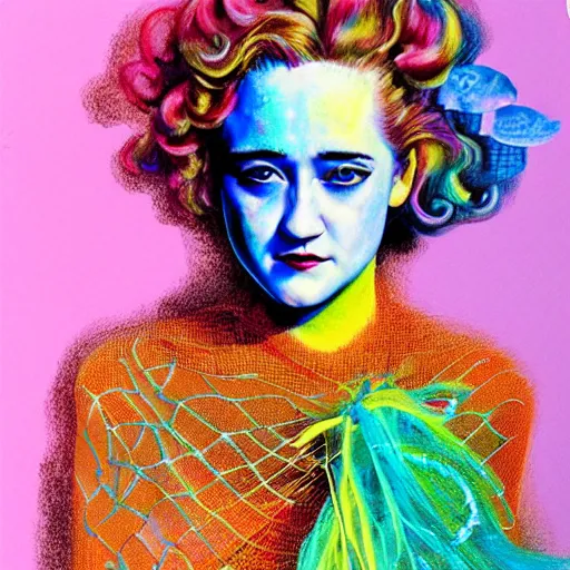 Image similar to surrealism psychedelic portrait sketch of julia garner as delirium of the endless in fishnet top and rainbow tutu skirt from the sandman, floating goldfish, green and blue eye heterochromia by alex ross, josh kirby, detailed, elegant, intricate