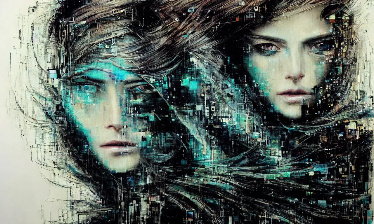 Image similar to hyperrealistic portrait of a mysterious cyberpunk woman with flowing hair, by Guy Denning, Johannes Itten, Russ Mills, beautiful, elusive, glitch art, beautiful eyes, detailed eyes, enchanted, hacking effects, glitch effects, digital tech effects, cybernetics, detailed lines, intricate detail, holographic, chromatic, clear, color blocking, acrylic on canvas, octane, concept art, abstract, red face, front view, 8k, trending on cgsociety, trending on artstation