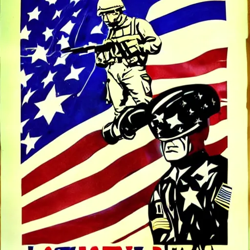 Image similar to US Military Propaganda poster, US Flag, American Tank, US Army Soldier