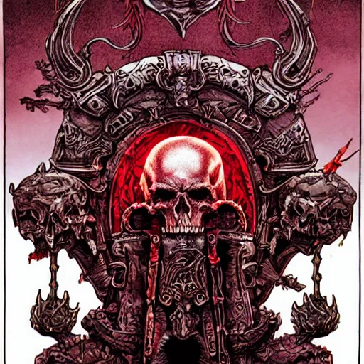 Image similar to blood for the bloodgod, skulls for the skullthrone, colored ink, moebius illustration art, key art