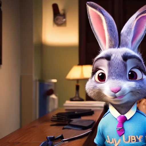 Image similar to Judy Hopps, the rabbit police officer from Zootopia, interrogating Hannibal Lecter, 4k movie still