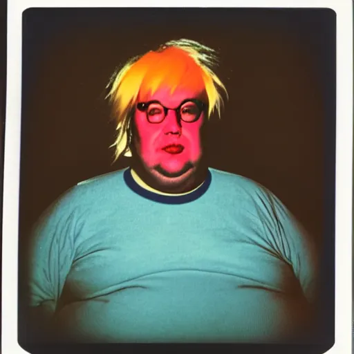 Image similar to color polaroid portrait of a fat man as taken by andy warhol. photography, instant photography, color accurate, photographer, film, integral print, studio