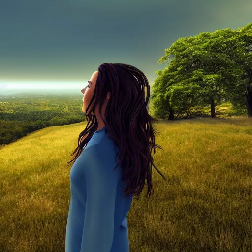 Image similar to silhouette profile of woman with flowing hair overlooking an expansive green hillside while leaves and a blue-yellow sky beam, extremely moody lighting, glowing light and shadow, atmospheric,, complex,symmetrical , 3-point perspective, high resolution, PBR, path tracing, volumetric lighting, octane render, arnold render