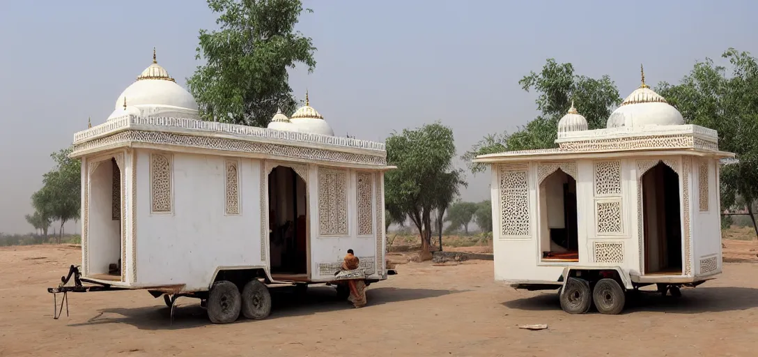 Image similar to mughal - style white ivory tiny home on trailer with minarets in agra, india