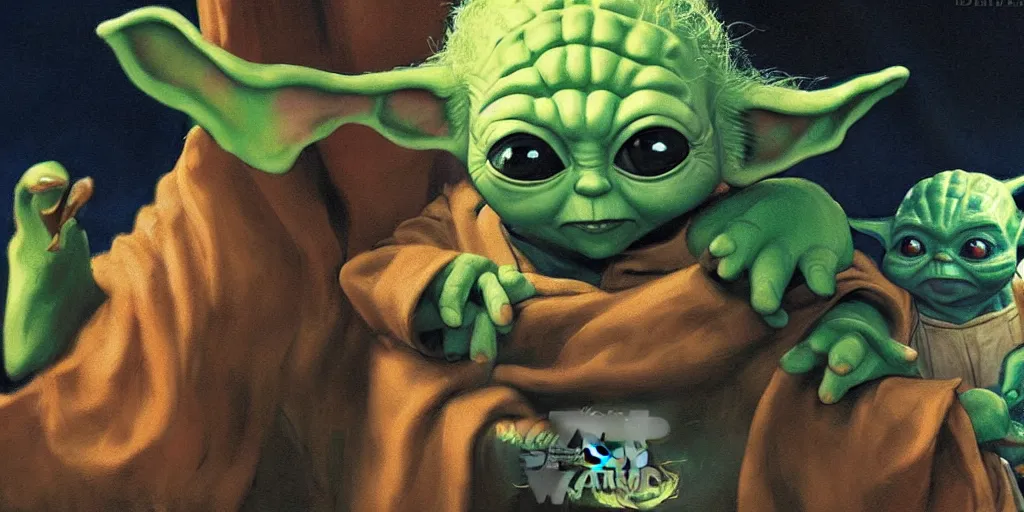Prompt: Baby Yoda and the Mandalorian dance, by don bluth and rembrandt, ultra detail, bright natural light, saturated colors