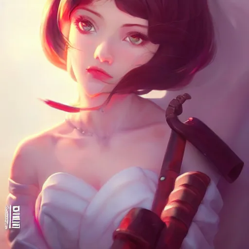 Image similar to a beautiful royal young axewoman executer looks happy, art by ilya kuvshinov lois van baarle ross tran range murata artgerm katsuhiro otomo norman rockwell. marble sculpt highly detailed intricately sharp focus mystically trending deviantart, pinterest, vogue italia, unreal engine 5, 4 k uhd image