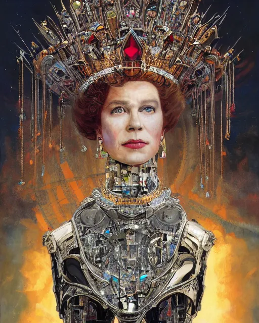 Prompt: portrait of a cyborg queen elizabeth, shattered glass, regal jewellery, crown, cinematic light, backlight, red sky gold, mist, clouds, by mikhail vrubel, by philippe druillet, by wlop, by peter elson, by gerald brom, muted colors, ( extreme detail ), trending on artstation, 8 k