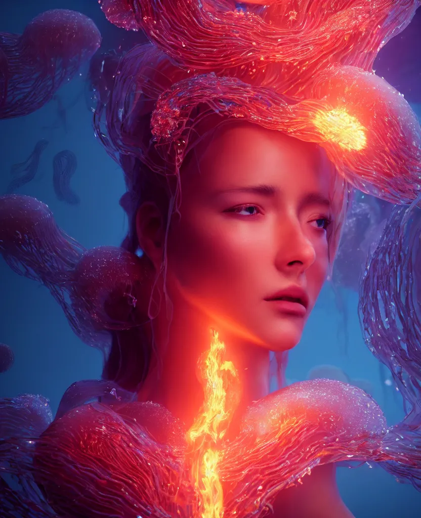 Prompt: close-up portrait of a face of beautiful princess floating in ethereum surrounded by floating jellyfish, energy flows of fire and water, flashes of plasma, 3d with depth of field, blurred background, a highly detailed epic cinematic concept art CG render. made in Maya, Blender and Photoshop, octane render, excellent composition, cinematic dystopian brutalist atmosphere, dynamic dramatic cinematic lighting, aesthetic, very inspirational, arthouse. y Greg Rutkowski, Ilya Kuvshinov, WLOP, Stanley Artgerm Lau, Ruan Jia and Fenghua Zhong