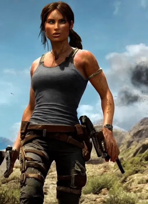 Prompt: an film still of lara croft face getting sweat because of the sun heat, she looks thirsty