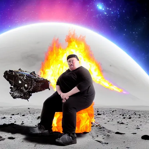 Image similar to portrait of an overweight depressed teenager with emo haircut wearing gothy purple and black spandex suit, sitting next to smashed burning spacecraft wreckage, on the orange surface of mars, highly detailed, dramatic lighting, photorealistic, cinematic