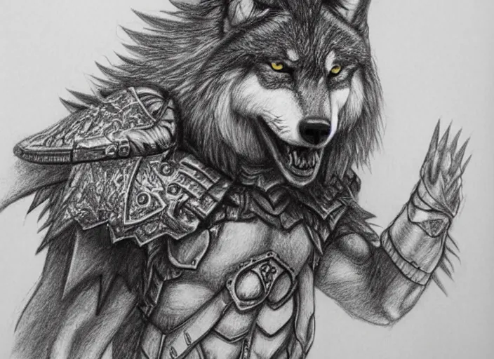 Image similar to a pencil drawing of a wolf, full body, D&D, armor, made by by Pen Tacula