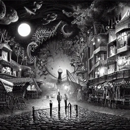 Prompt: ultra realist soft painting of a curiosities carnival by night, horror, omnious sky, symmetry accurate features, very intricate details, black and white, volumetric light clouds