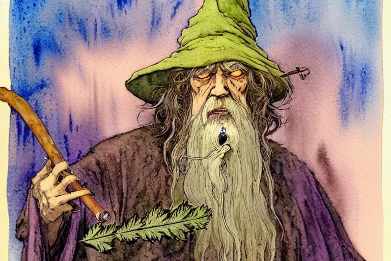 Image similar to a realistic and atmospheric watercolour fantasy character concept art portrait of gandalf with pink eyes lying on his back looking happy and confused and smoking weed out of his pipe with a pot leaf nearby, by rebecca guay, michael kaluta, charles vess and jean moebius giraud