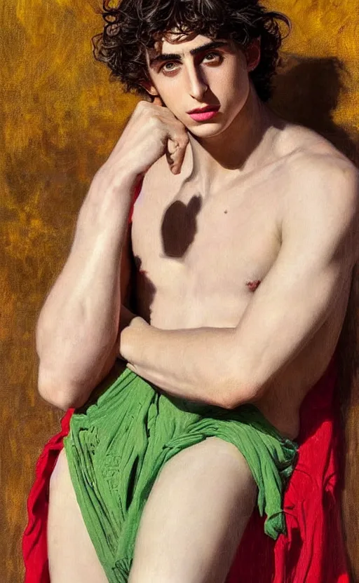 Image similar to Timothee Chalamet as Antinous in ancient Greece, intense painting, sunny, tropical, +++ super supper supper dynamic pose,  digital art, +++ SFW(SAFE FOR WORK) +++ quality j.c. leyendecker, limited edition, shiny, ++++, thick eyebrows, masculine appeal high fashion, GREEN EYES, GREEK CLOTHES, closeup, important, smirking, palm trees, tropical flowers, colorful, surrealism art, modern