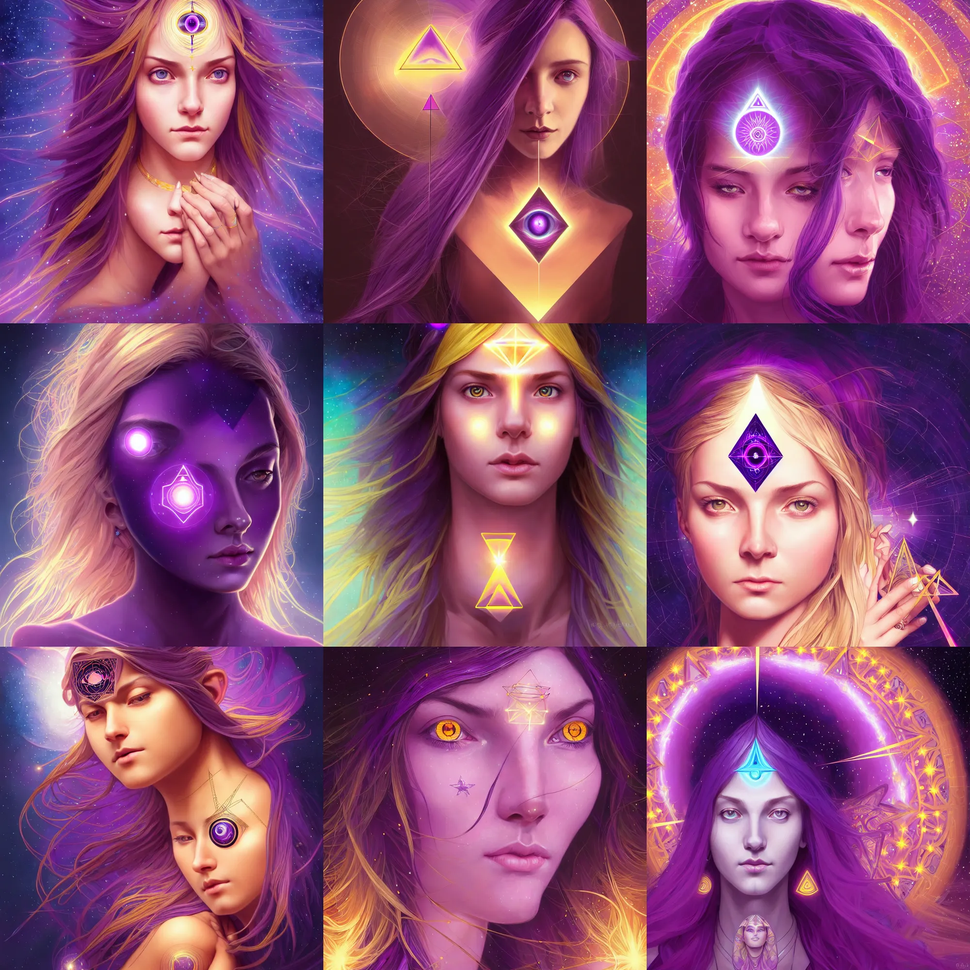 Prompt: centered head and shoulders portrait of a girl with glowing purple third eye chakra and golden hair, geometric third eye triangle, sci - fi face, sacred geometric background, breathtaking stars, elegant, highly detailed, digital painting, artstation, concept art, smooth, sharp focus, illustration, art by artgerm and greg rutkowski and alphonse mucha, acid pixie